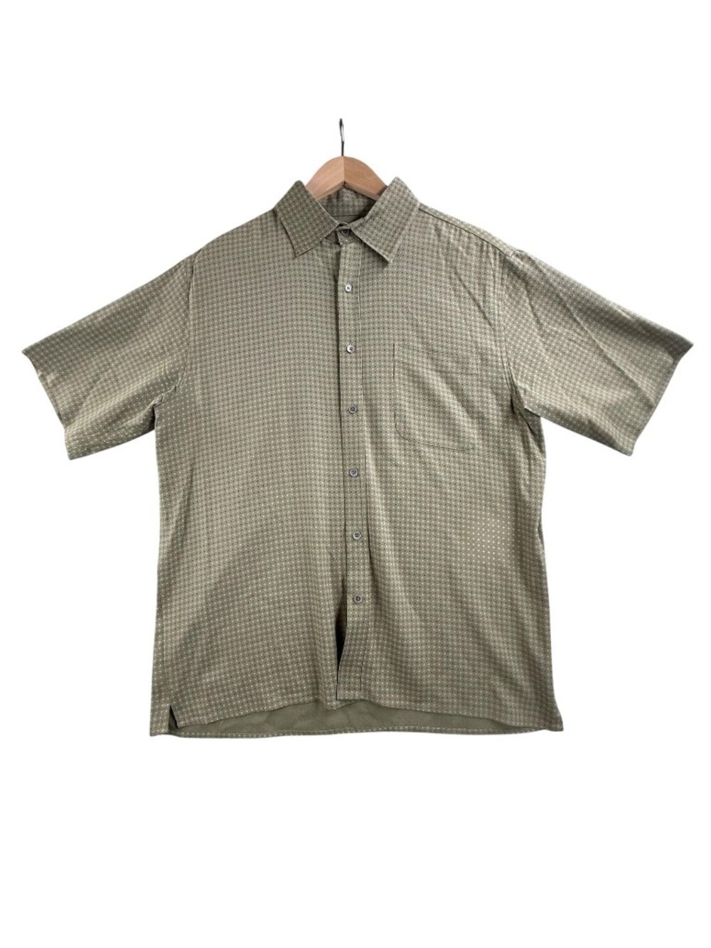 Harold Powell Shirt Mens Medium Green Geometric Silk Button Up Short Sleeve AOP